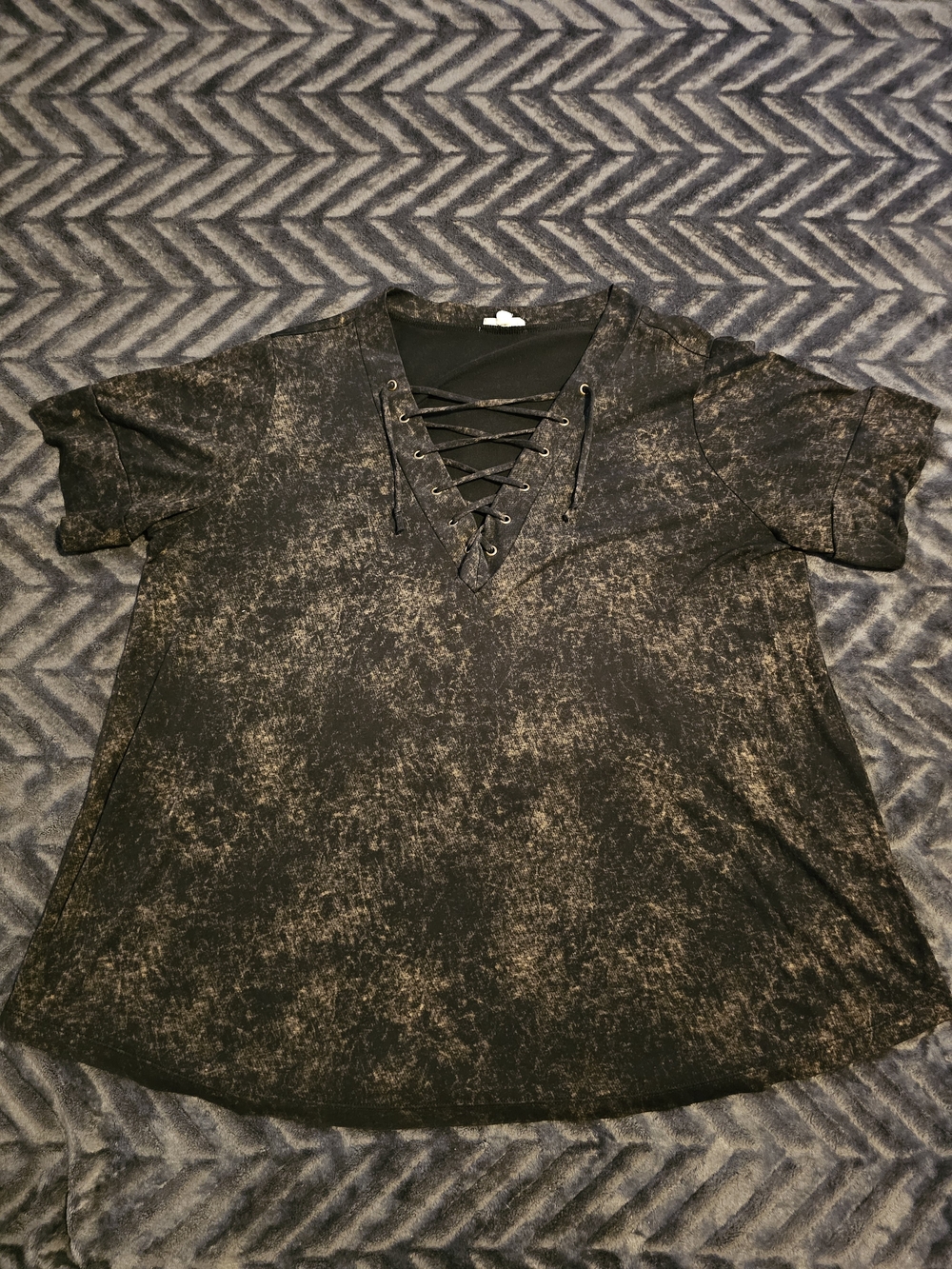 Oddi Black Acid Wash Lace Up V Neck Short Sleeve Top 3X